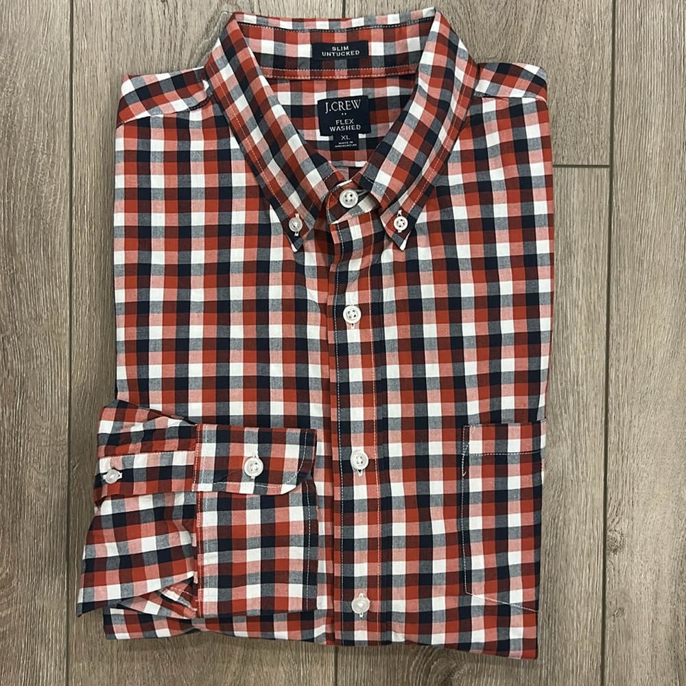 J. Crew New Slim Untucked Flex Wash Checkered Button Down Shirt Slimming Cut XL